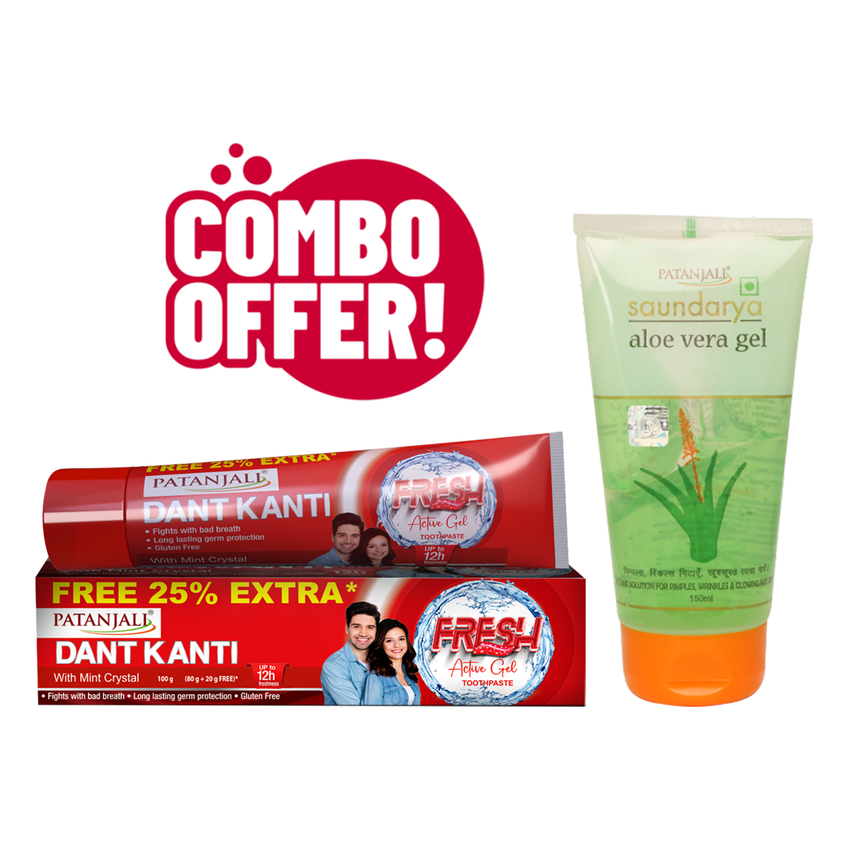 Combo- Dant Kanti Fresh Active Gel 80G+25%EXTRA + Aloevera gel 150 ML 