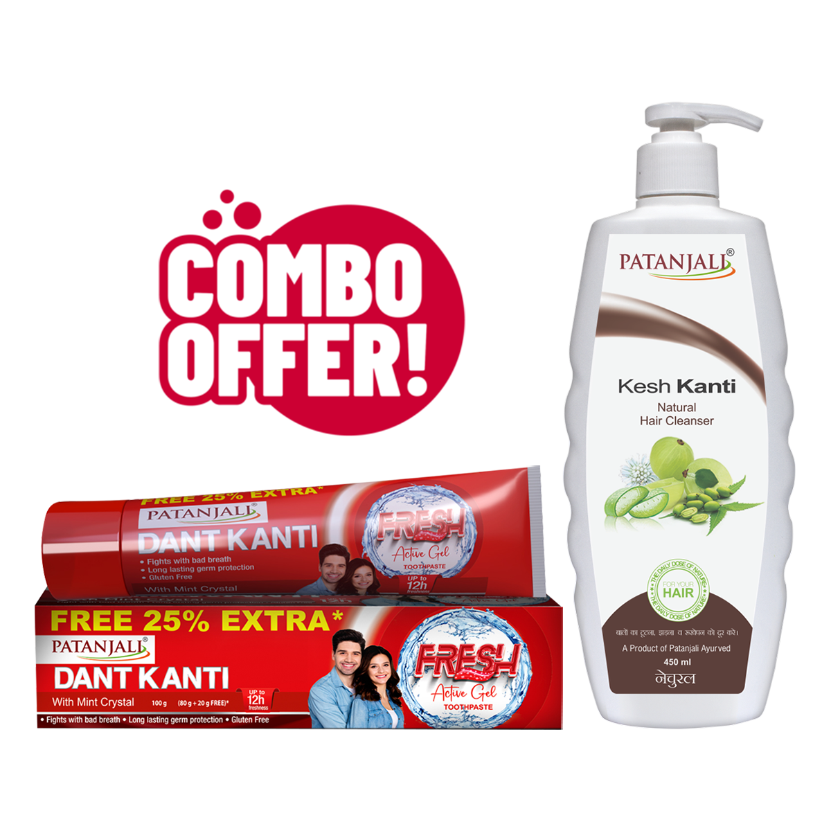 Combo- Dant Kanti Fresh Active Gel 80g+25%extra + Kesh Kanti Natural Hair Cleanser-450ml